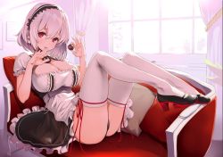Rule 34 | 1girl, apron, azur lane, backlighting, black dress, blush, breasts, chocolate, choker, cleavage, collarbone, couch, dress, hair between eyes, hairband, large breasts, leaning back, legs, looking at viewer, nylon (nylon 100%), panties, pantyshot, puffy sleeves, red eyes, short hair, short sleeves, sirius (azur lane), sitting, solo, thighhighs, thighs, underwear, waist apron, white hair, white thighhighs, window shadow