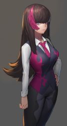 Rule 34 | 1girl, brown hair, closed mouth, creatures (company), game freak, gen 7 pokemon, grey background, hand on own hip, highres, hood (james x), humanization, light, long hair, multicolored hair, necktie, nintendo, personification, pokemon, purple eyes, purple hair, purple necktie, salazzle, simple background, slit pupils, solo, standing, vest
