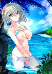 Rule 34 | 10s, 1girl, beach, bikini, bikini top lift, blue eyes, blue sky, breasts, clothes lift, cloud, collarbone, cowboy shot, day, eyes visible through hair, female focus, flower, front-tie bikini top, front-tie top, hair flower, hair ornament, hair over one eye, hairclip, hamakaze (kancolle), hand under clothes, hand under swimsuit, kantai collection, large breasts, looking at viewer, looking to the side, nako (nakolusu), navel, nipples, outdoors, palm tree, short hair, side-tie bikini bottom, silver hair, sky, smile, solo, string bikini, swimsuit, tree, wading, water