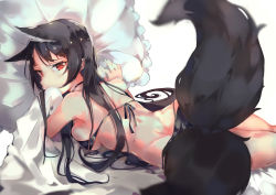 Rule 34 | 1girl, absurdres, animal ears, back, bare back, bare shoulders, bed sheet, bikini, black bikini, black hair, black ribbon, blanket, bokujuu, breast press, breasts, butt crack, covering own mouth, ears down, fox ears, fox tail, from side, highres, kitsune, long hair, looking at viewer, looking to the side, lying, medium breasts, multiple tails, on stomach, original, red eyes, ribbon, sideboob, simple background, solo, swimsuit, tail, two tails, very long hair, white background