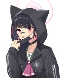 Rule 34 | 1girl, black choker, black hair, black jacket, black mask, blue archive, blush, choker, commentary, halo, highres, hood, hood up, hooded jacket, jacket, kazusa (blue archive), long sleeves, mask, mouth mask, pink hair, pink halo, ranyu, red eyes, short hair, simple background, solo, surgical mask, symbol-only commentary, tongue, tongue out, upper body, white background
