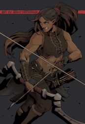 Rule 34 | 1girl, abs, arrow (projectile), artist name, belt, bow (weapon), bracer, breasts, brown hair, dark-skinned female, dark skin, earrings, english text, female orc, fingerless gloves, gloves, guttertongue, holding, holding bow (weapon), holding weapon, jewelry, long hair, medium breasts, midriff, muscular, muscular female, orc, original, pointy ears, ponytail, quiver, solo, tusks, weapon, yellow eyes