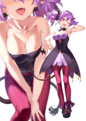 Rule 34 | 1girl, armpits, bare shoulders, black footwear, breasts, cleavage, collarbone, demon girl, demon horns, demon tail, detached collar, dress, fangs, gusset, hand up, head tilt, highres, horns, kinta (distortion), leaning forward, long hair, looking at viewer, medium breasts, multiple views, nail polish, open mouth, original, pantyhose, pointy ears, purple hair, purple nails, red eyes, red pantyhose, shoes, smile, strapless, strapless dress, tail, tongue, tongue out, tsurime