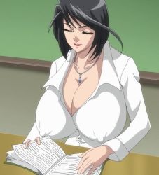 Rule 34 | 1girl, bakunyuu bomb, black hair, breasts, cleavage, highres, huge breasts, lipstick, makeup, wakatsuki risa