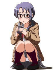 Rule 34 | 1girl, :o, blue hair, brown coat, brown eyes, coat, coffee mug, commentary request, cup, full body, glasses, hair over shoulder, holding mug, idolmaster, idolmaster million live!, idolmaster million live! theater days, kneehighs, knees together feet apart, lielos, long hair, looking at viewer, mary janes, mug, neckerchief, open mouth, panties, pantyshot, parted bangs, pink neckerchief, plaid, plaid collar, plaid skirt, red socks, shirt, shoes, simple background, skirt, socks, solo, squatting, steam, takayama sayoko, underwear, white background, white panties, white shirt