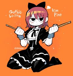 Rule 34 | 1girl, absurdres, alternate costume, annoyed, black dress, black eyes, bow, breasts, character name, closed mouth, commentary, dress, drumsticks, english commentary, freckles, frills, frown, full body, gothic lolita, highres, kim pine, kneeling, lolita fashion, looking at viewer, no shoes, pantyhose, puffy short sleeves, puffy sleeves, rariatto (ganguri), red hair, ribbon, scott pilgrim (series), short hair, short sleeves, solo