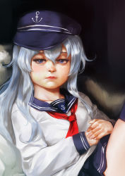 Rule 34 | 1girl, blue eyes, closed mouth, commentary, commission, expressionless, eyelashes, flat cap, hair between eyes, hat, hibiki (kancolle), highres, jcm2, kantai collection, long hair, looking at viewer, neckerchief, nose, portrait, realistic, sailor collar, school uniform, serafuku, silver hair, solo