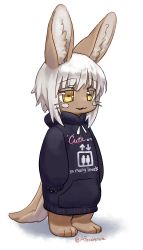 Rule 34 | 1other, absurdres, androgynous, animal ears, artist name, black hoodie, clothes writing, full body, furry, highres, hood, hoodie, long sleeves, looking away, made in abyss, nanachi (made in abyss), parted lips, pocketbee, short hair, sleeves past wrists, smile, standing, tail, twitter username, whiskers, white hair, yellow eyes