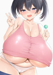 Rule 34 | 1girl, absurdres, areola slip, bare shoulders, black hair, blue eyes, borrowed character, breasts, cameltoe, candy, chomikuplus, cleavage, cleft of venus, collarbone, commentary request, commission, cowboy shot, fang, food, gigantic breasts, half-closed eyes, highres, holding, holding food, lactation, large areolae, light brown hair, lollipop, looking at viewer, oppai loli, original, panties, pink tank top, short twintails, simple background, skeb commission, skin fang, sleeveless, solo, sweat, tank top, twintails, underboob, underwear, v, white background, white panties