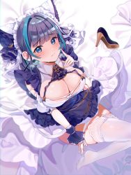 Rule 34 | 1girl, animal ears, apron, aqua hair, azur lane, blue eyes, blush, breasts, cheshire (azur lane), cleavage, closed mouth, crescent, crescent pin, detached sleeves, downblouse, dress, fang, unworn footwear, framed breasts, frilled hairband, frilled headband, frilled ribbon, frills, hairband, high heels, highres, large breasts, long hair, long ribbon, looking at viewer, looking up, maid, maid headdress, multicolored hair, panties, paw print, puffy detached sleeves, puffy sleeves, purple apron, purple hair, reel (riru), ribbon, shoes, unworn shoes, sitting, smile, solo, strap gap, streaked hair, thighhighs, underwear, undressing, white panties, white thighhighs, wrist cuffs
