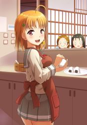 Rule 34 | 3girls, :d, ahoge, apron, blush, bow, bowtie, braid, chibi, chibi inset, clover hair ornament, cooking, cowboy shot, food, from behind, grey skirt, hair ornament, hairclip, highres, long sleeves, looking at viewer, looking back, looking to the side, love live!, love live! sunshine!!, miniskirt, multiple girls, onigiri, open mouth, orange hair, pleated skirt, qy73, raised eyebrows, red apron, red eyes, red neckwear, ribbon, sailor collar, school uniform, serafuku, short hair, siblings, side braid, sisters, skirt, smile, solo focus, takami chika, takami mito, takami shima, teeth, upper teeth only, uranohoshi school uniform, winter uniform, yellow ribbon
