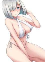 Rule 34 | 1girl, absurdres, bikini, bikini under clothes, blue eyes, blush, breasts, cleavage, collarbone, criss-cross halter, hair ornament, hair over one eye, hairclip, halterneck, hamakaze (kancolle), highres, kantai collection, kiritto, large breasts, looking at viewer, navel, open clothes, short hair, side-tie bikini bottom, silver hair, simple background, smile, solo, swimsuit, white background, white bikini