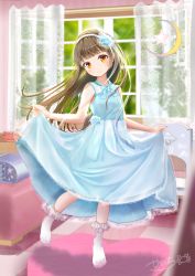 Rule 34 | 1girl, blue dress, blunt bangs, brown eyes, brown hair, chair, clothes lift, curtains, desk, dress, dress lift, echi kanichi, feet, female focus, flower, full body, hair flower, hair ornament, hairband, highres, indoors, leg up, lifted by self, long hair, looking at viewer, original, see-through, sleeveless, sleeveless dress, smile, socks, solo, standing, standing on one leg, toes, white footwear, window