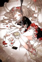 Rule 34 | 1girl, bed, black dress, card, closed mouth, dress, closed eyes, floral print, flower, ghost, legs together, light brown hair, lying, mamaloni, on bed, on side, original, puffy short sleeves, puffy sleeves, red flower, red rose, rose, short sleeves, sleeping, socks, solo, twintails, white flower, white rose