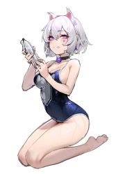 Rule 34 | 1girl, absurdres, animal ears, bare legs, black choker, blue one-piece swimsuit, bottle, breasts, cat ears, choker, commentary, eiroyi, eyelashes, facial mark, fingernails, full body, grey hair, hair between eyes, hands up, highres, holding, holding bottle, kneeling, long eyelashes, looking at viewer, medium breasts, multicolored hair, nail polish, one-piece swimsuit, original, purple eyes, purple hair, purple nails, sideboob, simple background, smile, solo, streaked hair, swimsuit, symbol-only commentary, tail, wet, wet clothes, wet swimsuit, white background