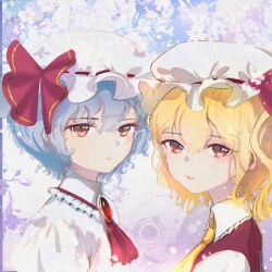 2girls ascot blonde_hair blue_hair bow flandre_scarlet hair_between_eyes hat hat_ribbon highres looking_at_viewer mob_cap multiple_girls nywerya puffy_sleeves red_ascot red_bow red_eyes red_ribbon remilia_scarlet ribbon shirt short_hair siblings sisters touhou upper_body wings yellow_ascot