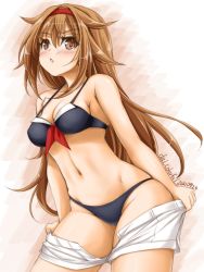 Rule 34 | 1girl, adapted costume, akimoto dai, bikini, black bikini, breasts, brown eyes, brown hair, cleavage, commentary request, cowboy shot, hair flaps, hairband, highres, kantai collection, leaning forward, long hair, medium breasts, navel, one-hour drawing challenge, red hairband, shiratsuyu (kancolle), shiratsuyu kai ni (kancolle), shorts, solo, swimsuit, undressing, white shorts