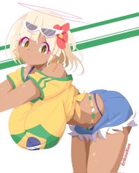 Rule 34 | 1girl, ass, bent over, blonde hair, brazilian miku, breasts, cosplay, dark-skinned female, dark skin, erikuukun, hanging breasts, hatsune miku, highres, hololive, hololive english, huge breasts, shorts, tsukumo sana, virtual youtuber