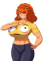 1girl abs blue_eyes blue_pants breasts collarbone colored_eyepatch commentary commission cowboy_shot emoji english_commentary eyepatch flushed_face_emoji_shirt_(meme) highres large_breasts long_hair looking_at_viewer meme muscular muscular_female navel nightingery one_eye_covered open_mouth orange_hair original pants sharp_teeth shirt short_sleeves smile solo teeth white_background yellow_shirt zess_(zestyjesus)