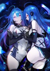 Rule 34 | 2girls, ahoge, armpit crease, ass, azur lane, bare shoulders, black footwear, black gloves, black panties, black thighhighs, blue hair, boots, breasts, commentary, dual persona, elbow gloves, gloves, hand on another&#039;s face, helena (azur lane), helena (meta) (azur lane), highres, holding hands, interlocked fingers, kai (ootamuno12), looking at another, looking at viewer, medium breasts, multicolored hair, multiple girls, panties, purple eyes, purple hair, red eyes, tabard, thigh boots, thighhighs, thighs, two-tone hair, underwear