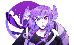 Rule 34 | 1girl, absurdres, bad id, bad twitter id, black sweater, blue eyes, braid, dragon girl, dragon tail, eyebrows hidden by hair, head wings, heterochromia, highres, korean commentary, looking at viewer, medium hair, nijisanji, nijisanji en, open mouth, purple eyes, selen tatsuki, selen tatsuki (1st costume), solo, surprised, sweater, tail, tito (tito v otit), twin braids, v-shaped eyebrows, virtual youtuber, white background, wings
