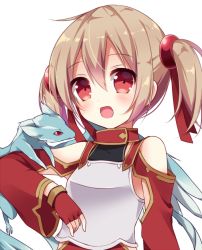 Rule 34 | 10s, 1girl, armor, bare shoulders, breastplate, brown hair, dragon, hair ribbon, hoshi (snacherubi), looking at viewer, mini dragon, open mouth, pina (sao), red eyes, ribbon, short hair, silica, solo, sword art online, twintails, white background