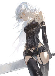 Rule 34 | 1girl, android, black shirt, dino (dinoartforame), elbow gloves, gloves, highres, joints, long hair, looking down, nier (series), nier:automata, robot joints, shirt, short shorts, shorts, simple background, solo, standing, strapless, thighhighs, white background, white hair, a2 (nier:automata)