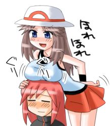 Rule 34 | 1boy, 1girl, blue eyes, blush, breast rest, breasts, brown hair, copo deluxe, creatures (company), game freak, green (pokemon), hat, jiggle, leaning forward, leaning on person, medium breasts, nintendo, open mouth, pokemon, pokemon adventures, red hair, silver (pokemon), skirt, wristband