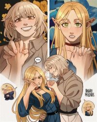 Rule 34 | 2girls, angrymiloras, blonde hair, blue capelet, blue robe, blush, braid, breasts, capelet, choker, closed eyes, closed mouth, couple, dress, dungeon meshi, elf, falin touden, falin touden (tallman), green eyes, hair around ear, highres, holding, holding hands, hood, hooded capelet, long hair, long sleeves, marcille donato, multiple girls, open mouth, pointy ears, robe, shirt, short hair, simple background, smile, yuri