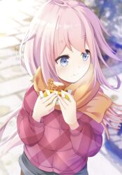 Rule 34 | 1girl, blue eyes, blush, closed mouth, coat, day, dot nose, female focus, file112056, food, holding, holding food, kagamihara nadeshiko, long hair, outdoors, pink hair, scarf, shorts, solo, standing, winter clothes, winter coat, yurucamp