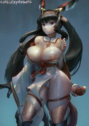 Rule 34 | 1girl, artist name, ass, bare shoulders, black hair, blue background, breast lift, breasts, cleavage, cutesexyrobutts, gradient background, highres, hip focus, huge ass, huge breasts, kaguya (queen&#039;s blade), katana, long hair, looking at viewer, nipples, panties, puffy nipples, queen&#039;s blade, red eyes, side-tie panties, signature, skindentation, solo, striped, sword, thick thighs, thighs, twintails, underwear, very long hair, weapon, white panties