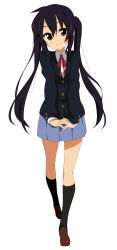 Rule 34 | 1girl, black hair, brown eyes, head tilt, highres, k-on!, legs, long hair, nakano azusa, neck ribbon, own hands clasped, own hands together, red ribbon, ribbon, school uniform, smile, solo, takeya yuuki, twintails