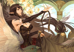 Rule 34 | 1girl, absurdly long hair, absurdres, arch, artist request, bird, black dress, black hair, breasts, bridal gauntlets, carving, cleavage, clothes pull, dress, fate/grand order, fate (series), fur trim, hand up, highres, long dress, long hair, daffodil, pillar, pointy ears, semiramis (fate), skirt, skirt pull, spikes, very long hair, yellow eyes