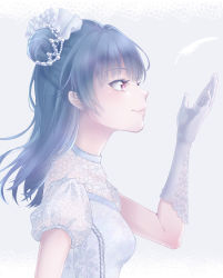 Rule 34 | 1girl, artist name, artist request, blue hair, blush, breasts, detached collar, dress, female focus, frilled dress, frills, gloves, hair bun, highres, jewelry, long hair, looking at viewer, love live!, love live! sunshine!!, medium breasts, miwo classic, parted lips, puffy short sleeves, puffy sleeves, purple eyes, short sleeves, single hair bun, smile, solo, tsukushi (miwo classic), tsushima yoshiko, white dress, white gloves