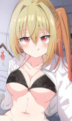 Rule 34 | 1girl, absurdres, blonde hair, blush, bottomless, breasts, crystal, crystal wings, daru (kumakumadon), flandre scarlet, heart, heart-shaped pupils, highres, licking, licking lips, lingerie, looking at viewer, navel, no panties, on bed, pointy ears, red eyes, shiny skin, solo, symbol-shaped pupils, tongue, tongue out, touhou, underwear