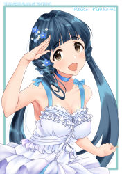 Rule 34 | 1girl, blue hair, breasts, character name, choker, cleavage, commentary request, copyright name, dress, flower, hair flower, hair ornament, highres, idolmaster, idolmaster million live!, idolmaster million live! theater days, katou misaki, kitakami reika, long hair, low twintails, medium breasts, open mouth, salute, smile, solo, twintails, white dress