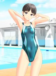 Rule 34 | 1girl, absurdres, aqua one-piece swimsuit, arm behind head, bench, black hair, blue sky, breasts, cameltoe, clock, cloud, commentary request, competition swimsuit, covered navel, cowboy shot, day, grin, highres, looking at viewer, multicolored clothes, multicolored swimsuit, one-piece swimsuit, original, outdoors, pool, poolside, short hair, sky, small breasts, smile, solo, standing, swimsuit, takafumi, very short hair