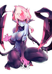 Rule 34 | 1girl, absurdres, bad id, bad pixiv id, blue skin, breasts, colored skin, evelynn (league of legends), fiery hair, full body, grin, highres, large breasts, league of legends, looking at viewer, navel, pink hair, pointy ears, short hair, skull, smile, solo, squatting, thick thighs, thighs, weapon, wwwazxc, yellow eyes