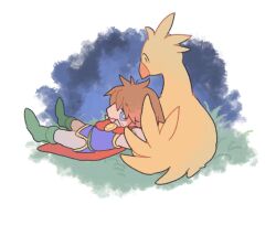 Rule 34 | 1boy, animal, animal-shaped pillow, arms behind head, bartz klauser, belt, bird, blue eyes, blue tunic, boco, boots, brown hair, cape, chibi, chocobo, collared shirt, final fantasy, final fantasy v, grass, green belt, green footwear, highres, leaning on animal, long sleeves, lying, male focus, night, on back, on grass, open mouth, outdoors, pants, red cape, relaxing, shirt, short hair, smile, tasituma2, tunic, white pants, white shirt