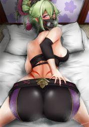 Rule 34 | 1girl, absurdres, all fours, arched back, ass, ass focus, ass grab, bare shoulders, bed, bent over, blush, breasts, from behind, genshin impact, green hair, hair ornament, highres, huge ass, kuki shinobu, long hair, looking at viewer, looking back, mask, ninja, ponytail, purple eyes, rope, shimenawa, shiny clothes, shiny skin, short shorts, shorts, solo, sweat, thighhighs, top-down bottom-up, ulpiene