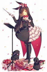 Rule 34 | 1girl, animal ears, conductor baton, bouquet, bow, bowtie, box, brown hair, cleavage cutout, clothing cutout, coattails, confetti, dress, flower, gift, gift box, gloves, hair bow, highres, long hair, looking at viewer, music stand, original, pantyhose, pinstripe pattern, rabbit, rabbit ears, rabbit tail, red eyes, sheet music, shoes, simple background, solo, striped clothes, striped pantyhose, tail, tailcoat, vertical-striped clothes, vertical-striped pantyhose, yasiromann