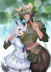 Rule 34 | 2girls, alternate breast size, animal ears, arabian oryx (kemono friends), arm around back, arm around waist, aurochs (kemono friends), black hair, black legwear, breast smother, breasts, brown eyes, camouflage, camouflage shirt, camouflage skirt, collared shirt, colored inner hair, cow ears, cow girl, cow tail, cowboy shot, curvy, dark-skinned female, dark skin, extra ears, eyes visible through hair, face to breasts, floating hair, gazelle ears, gazelle horns, gazelle tail, green hair, grey eyes, grey hair, grin, hair over one eye, hand on another&#039;s hand, hand on another&#039;s shoulder, hand up, head on chest, head tilt, height difference, highres, horizontal pupils, horns, huge breasts, impossible clothes, impossible shirt, kemono friends, large breasts, layered sleeves, long sleeves, looking at viewer, medium hair, microskirt, midriff, miniskirt, multicolored hair, multiple girls, naochi (bobi8081), necktie, open mouth, pantyhose, pleated skirt, print shirt, print skirt, red necktie, shirt, short hair, short over long sleeves, short sleeves, sidelocks, skirt, smile, stomach, tail, tall female, toned, two-tone hair, v, v-shaped eyebrows, white legwear, white shirt, white skirt, wing collar