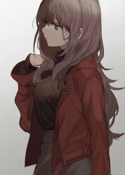 Rule 34 | 1girl, blue eyes, breasts, brown hair, brown shirt, brown skirt, closed mouth, cowboy shot, curly hair, expressionless, gradient background, grey background, hand up, highres, jacket, large breasts, long hair, long sleeves, looking ahead, mochiosamu ron, original, profile, red jacket, shirt, shirt tucked in, sidelocks, skirt, sleeves past wrists, solo, standing