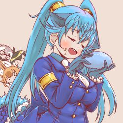 Rule 34 | 4girls, animal ears, back bow, black hair, blonde hair, blue gloves, blue hair, blue jacket, blue shirt, blush, bow, closed eyes, collared shirt, commentary request, common dolphin (kemono friends), crumbs, dhole (kemono friends), dog ears, dolphin girl, dorsal fin, dragon girl, dragon tail, extra ears, food, frilled sleeves, frills, glasses, gloves, grey hair, hair between eyes, jacket, japari bun, kemono friends, light brown hair, long hair, long sleeves, lowres, maki (02uh14l1b740ao2), meerkat (kemono friends), meerkat ears, multicolored hair, multiple girls, necktie, open mouth, seiryuu (kemono friends), shirt, short hair, tail, twintails, two-tone hair, white hair, white necktie