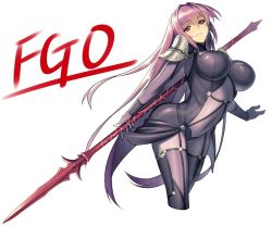Rule 34 | 1girl, armor, bodysuit, breasts, covered navel, cowboy shot, fate/grand order, fate (series), female focus, gae bolg (fate), holding, holding weapon, jonylaser, large breasts, long hair, looking at viewer, pauldrons, polearm, purple bodysuit, purple hair, red eyes, scathach (fate), scathach (fate), shoulder armor, simple background, solo, spear, standing, very long hair, weapon, white background