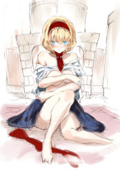 Rule 34 | 1girl, alice margatroid, bare legs, bare shoulders, barefoot, blonde hair, blue eyes, blush, covering privates, covering breasts, dress, hairband, kozou (soumuden), lolita hairband, looking at viewer, off shoulder, open clothes, open dress, ribbon, sitting, solo, touhou