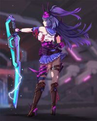 Rule 34 | 1girl, arm guards, armband, armor, black gloves, blouse, blue skirt, blurry, blurry background, boots, breasts, brown footwear, choudan, closed mouth, crop top, elbow gloves, electricity, from behind, full body, gloves, high heel boots, high heels, highres, holding, holding sword, holding weapon, honkai (series), honkai impact 3rd, large breasts, legs apart, lightning bolt symbol, long hair, looking at viewer, looking back, mask, mask on head, mechanical arms, miniskirt, pantyhose, pleated skirt, ponytail, power armor, power sword, purple eyes, purple hair, raiden mei, raiden mei (lightning empress), ribbon, sailor collar, school uniform, serafuku, shirt, single elbow glove, single mechanical arm, skirt, sleeveless, sleeveless shirt, solo, standing, sword, thigh strap, torn clothes, torn pantyhose, weapon