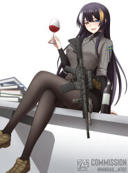 Rule 34 | 1girl, absurdres, alina svard kovalenko (laotianaviator), blue eyes, breasts, commentary, crossed legs, desk, drunk, english commentary, female focus, gun, heterochromia, highres, large breasts, mikhail n, multicolored hair, original, pantyhose, qr code, red wine, rifle, shoes, shorts, smile, solo, swedish flag, weapon