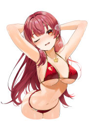 Rule 34 | 1girl, armpits, arms behind head, arms up, bikini, blush, breasts, cropped legs, earrings, eyebrows hidden by hair, fang, gotou (nekocat), hair down, highres, hololive, houshou marine, houshou marine (summer), jewelry, large breasts, long hair, looking at viewer, navel, necklace, one eye closed, open mouth, red bikini, red eyes, red hair, simple background, solo, swimsuit, very long hair, virtual youtuber, white background