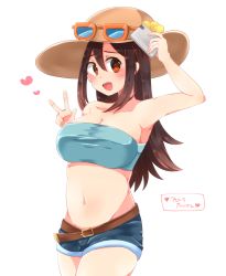 Rule 34 | 1girl, :d, bandeau, bare arms, bare shoulders, belt, blush, breasts, brown hair, cellphone, cleavage, collarbone, creatures (company), fang, flower, game freak, groin, hair between eyes, hat, hat flower, heart, hibiscus, holding, holding phone, large breasts, long hair, navel, nintendo, npc trainer, open mouth, orange eyes, phone, pokemon, pokemon sm, selfie, shizuku (boshi), short shorts, shorts, sightseer (pokemon), simple background, smartphone, smile, solo, strapless, sun hat, sunglasses, tongue, tube top, v, white background